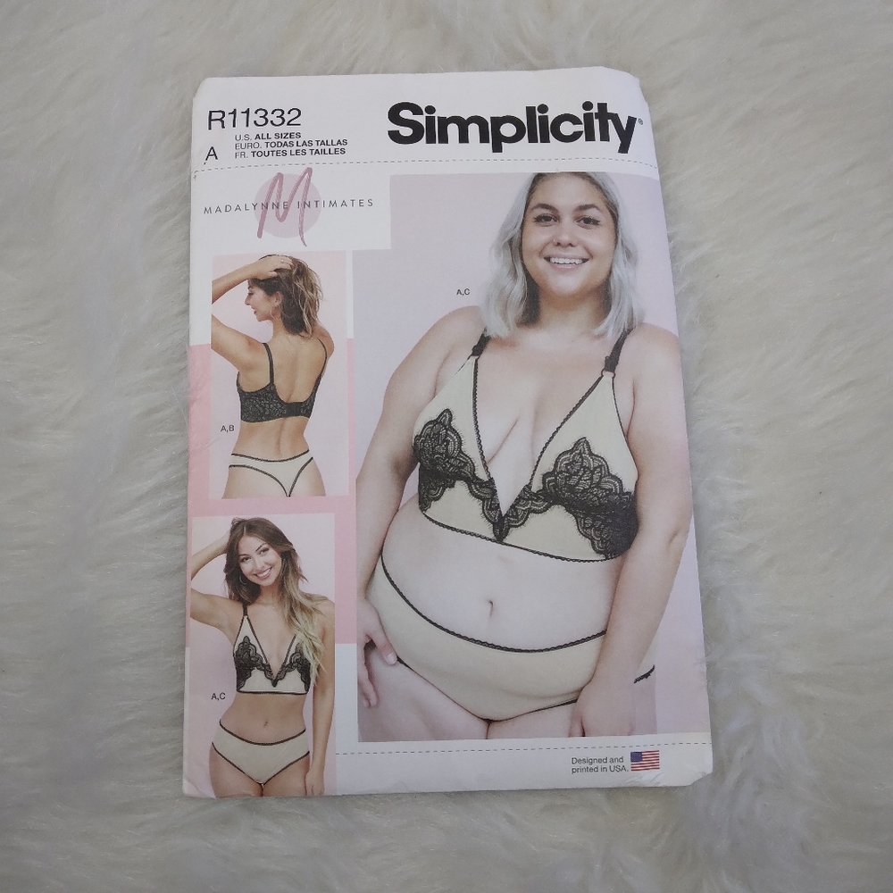 SIMPLICITY R11332 Sz XS-4XL Bralette, panties, and thong designed by Madalynne
